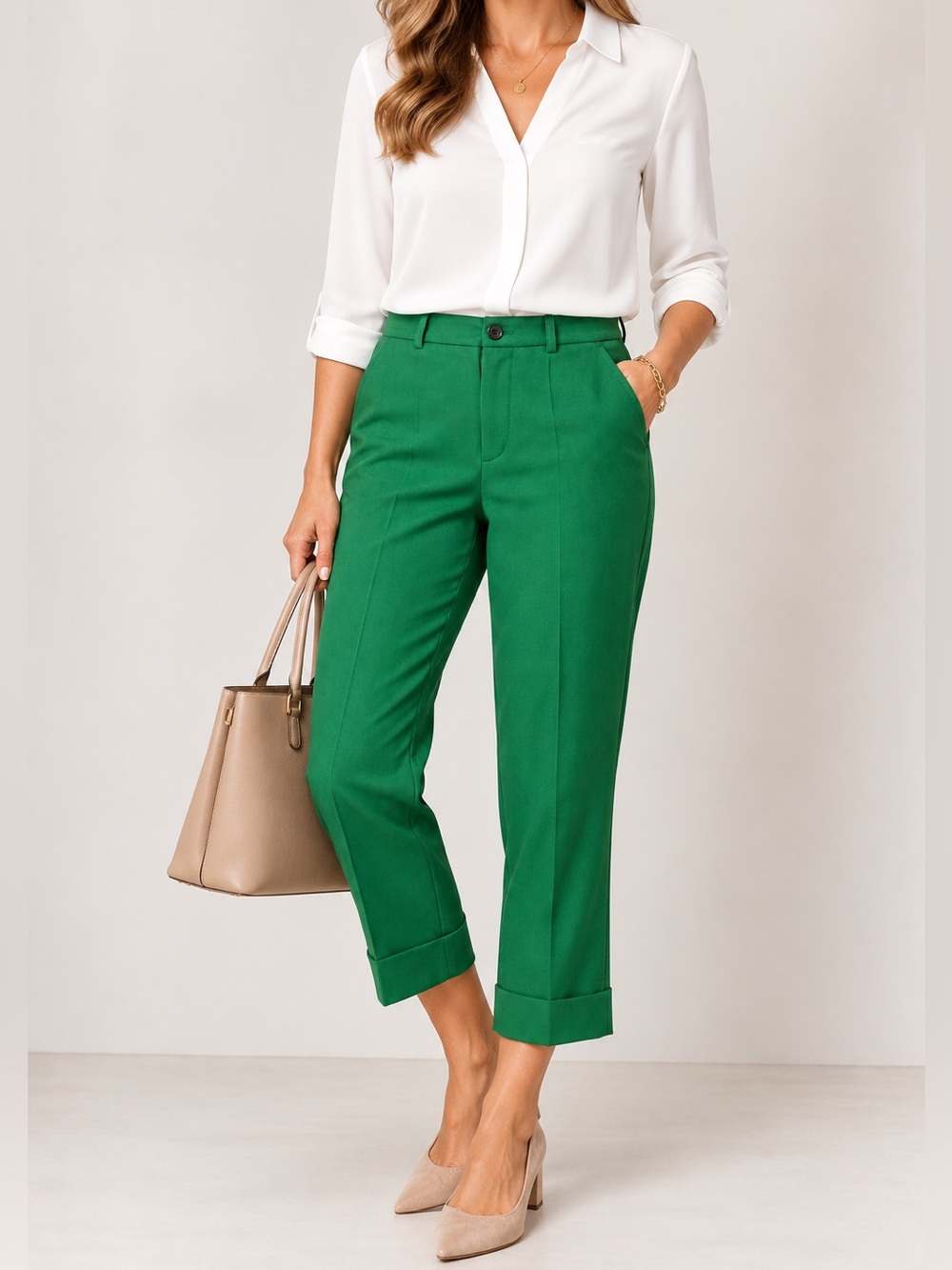 ZARA Kelly Green Cropped Ankle Pants Cuffed Hem High Rise Size Small